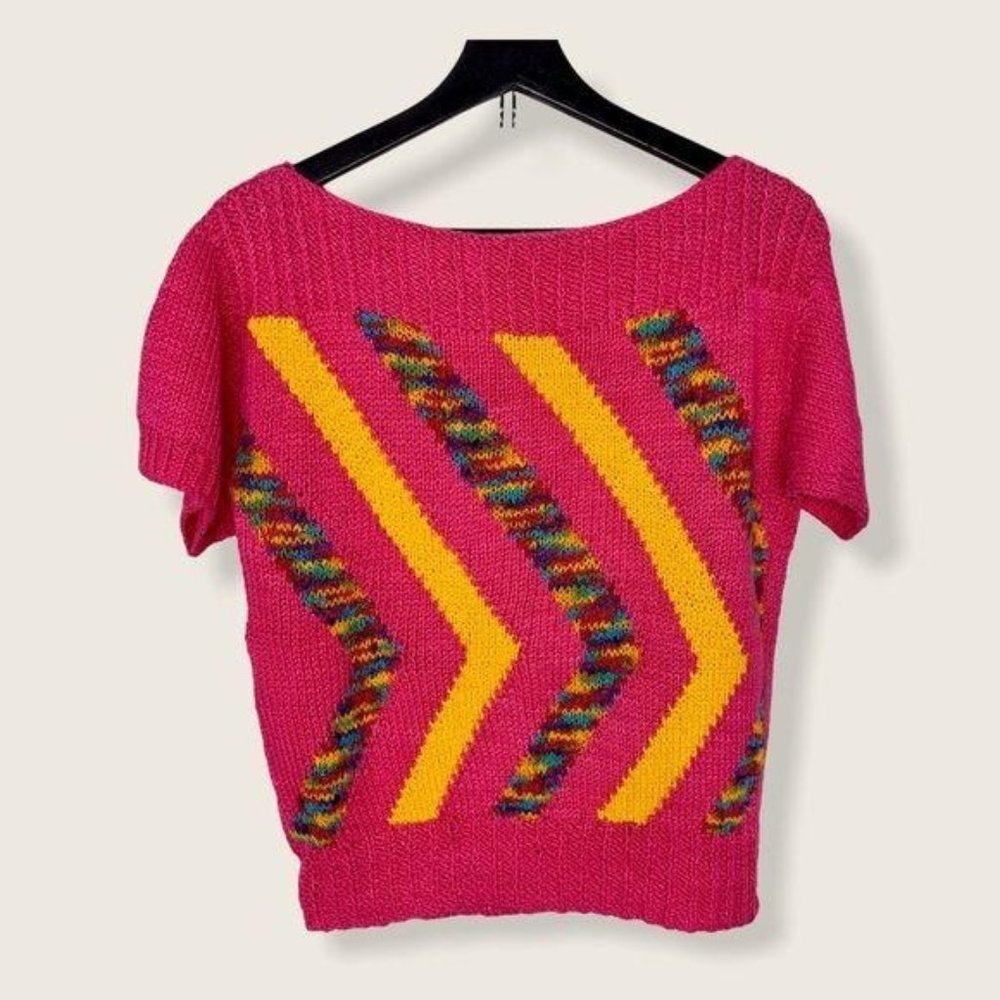 Vintage Knit Short Sleeve Wide Neck Geometric Pattern Top Large
